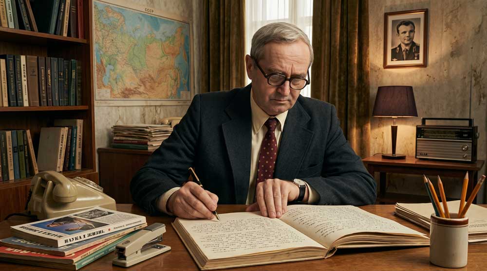 Писатель, драматург и режиссёр Евгений Михайлович Афанасьев (1926–2002) за рабочим столом. Выполнена на основе прижизненного фотопортрета из фондов Государственного архива Псковской области. Компьютерная обработка и реставрация — А. В. Камянчук.
