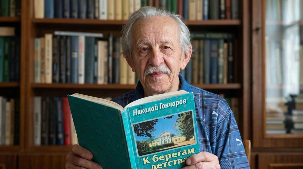 Николай Семёнович Гончаров в домашней библиотеке со своим поэтическим сборником «К берегам детства». Цифровая художественная реконструкция выполнена на основе прижизненного архивного фотопортрета из фондов «Централизованной библиотечной системы» города Пскова. Образ воссоздан в стилистике интерьерной портретной фотографии начала XXI века с детальным воспроизведением оригинального библиографического оформления книги автора. Компьютерная обработка, дизайн, проработка элементов обложки и пространственная композиция — А. В. Камянчук.