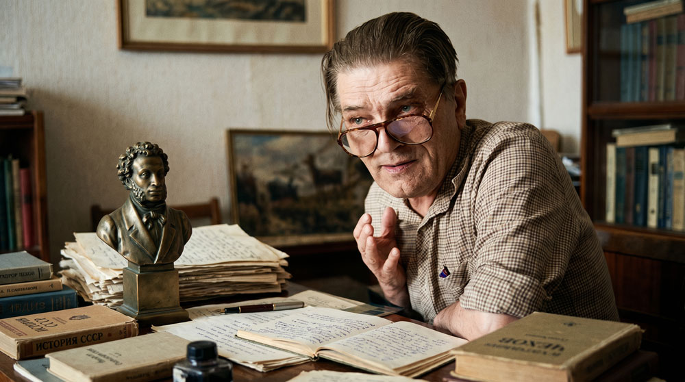 Игорь Николаевич Григорьев. Цифровая художественная реконструкция облика выдающегося псковского поэта и воина в рабочем кабинете за изучением исторических материалов и рукописей. Выполнена на основе прижизненного архивного фотопортрета писателя (фотограф Г. Костин, 1994). Автор цифровой реконструкции — А. В. Камянчук.