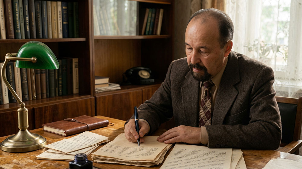
Писатель Олег Владимирович Тиммерман (1928–1984). Цифровая художественная реконструкция облика псковского поэта в рабочем кабинете во время написания стихотворения «В ораторы не был зачислен...» (начало 1970-х гг.). Выполнена на основе прижизненного архивного фотопортрета из краеведческого фонда исследователя. Автор цифрового портрета и композиции — А. В. Камянчук.
