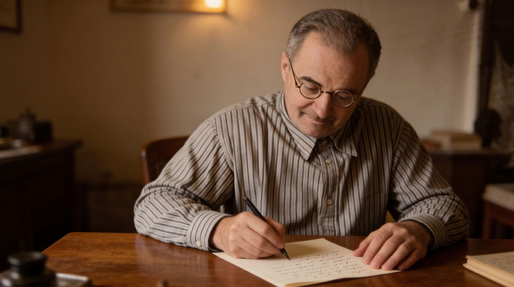 Писатель Михаил Андреевич Зверев (литературный псевдоним — Михаил Лесной). Цифровая художественная реконструкция облика писателя-натуралиста за работой над рукописью книги рассказов о дикой природе «Рассказы натуралиста» (1950-е гг.). Выполнена на основе прижизненного архивного фотопортрета из научно-литературного фонда исследователя. Автор цифрового портрета и композиции — А. В. Камянчук.