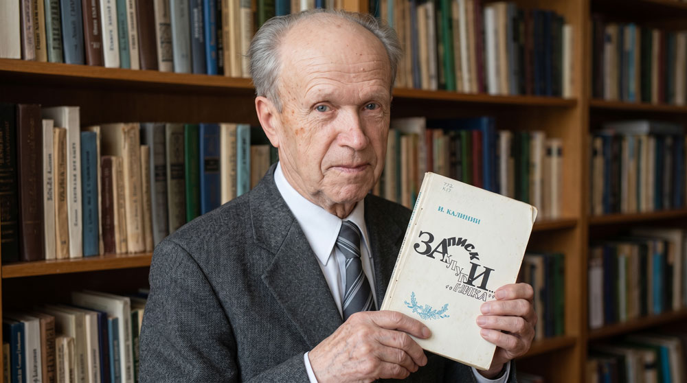 Иван Егорович Калинин с авторским изданием своей книги очерков в читальном зале. Цифровая художественная реконструкция выполнена на основе прижизненного архивного фотопортрета из фондов «Централизованной библиотечной системы» города Пскова. Образ воссоздан в стилистике классической интерьерной фотографии начала XXI века с детальным воспроизведением оригинального библиографического оформления книги автора. Компьютерная обработка, дизайн, проработка элементов обложки и пространственная композиция — А. В. Камянчук. Иван Егорович Калинин с авторским изданием своей книги очерков в читальном зале. Цифровая художественная реконструкция выполнена на основе прижизненного архивного фотопортрета из фондов «Централизованной библиотечной системы» города Пскова. Образ воссоздан в стилистике классической интерьерной фотографии начала XXI века с детальным воспроизведением оригинального библиографического оформления книги автора. Компьютерная обработка, дизайн, проработка элементов обложки и пространственная композиция — А. В. Камянчук.