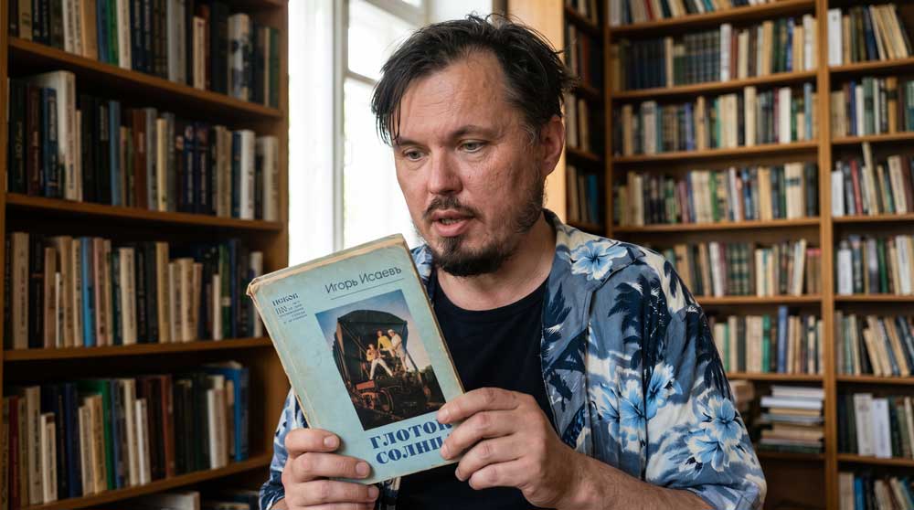 Игорь Олегович Исаев с авторским изданием своего сборника стихотворений «Глоток солнца» в интерьере библиотеки. Цифровая художественная реконструкция выполнена на основе прижизненного архивного фотопортрета из фондов «Централизованной библиотечной системы» города Пскова. Образ воссоздан в стилистике классической интерьерной фотографии начала XXI века с детальным воспроизведением оригинального библиографического оформления книги автора. Компьютерная обработка, дизайн, проработка элементов обложки и пространственная композиция — А. В. Камянчук. Игорь Олегович Исаев с авторским изданием своего сборника стихотворений «Глоток солнца» в интерьере библиотеки. Цифровая художественная реконструкция выполнена на основе прижизненного архивного фотопортрета из фондов «Централизованной библиотечной системы» города Пскова. Образ воссоздан в стилистике классической интерьерной фотографии начала XXI века с детальным воспроизведением оригинального библиографического оформления книги автора. Компьютерная обработка, дизайн, проработка элементов обложки и пространственная композиция — А. В. Камянчук.