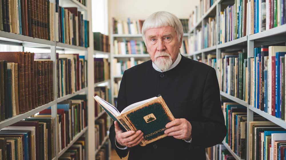 Валентин Яковлевич Курбатов с авторским изданием в интерьере библиотеки. Цифровая художественная реконструкция выполнена на основе прижизненного архивного фотопортрета из фондов Государственного бюджетного учреждения культуры «Псковская областная универсальная научная библиотека имени Валентина Яковлевича Курбатова». Образ воссоздан в стилистике классической интерьерной фотографии начала XXI века с детальным воспроизведением оригинального облика писателя и библиографического оформления книги «Подорожник» в его руках. Компьютерная обработка, дизайн, проработка элементов обложки и пространственная композиция — А. В. Камянчук.