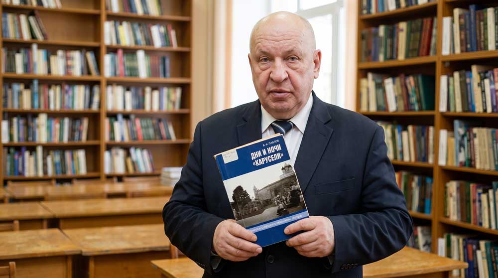 Валерий Федорович Павлов с авторским изданием своей книги очерков и заметок «Дни и ночи "Карусели"» в читальном зале библиотеки. Цифровая художественная реконструкция выполнена на основе прижизненного архивного фотопортрета из фондов «Централизованной библиотечной системы» города Пскова. Образ воссоздан в стилистике классической интерьерной фотографии начала XXI века с детальным воспроизведением оригинального библиографического оформления книги автора, включая сине-белую шрифтовую композицию и исторический фотосюжет на обложке. Компьютерная обработка, дизайн, проработка элементов обложки и пространственная композиция — А. В. Камянчук.