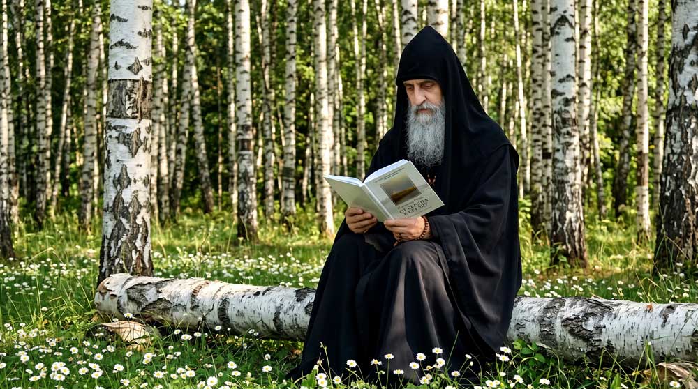 Иеромонах Роман (А. И. Матюшин-Правдин) с авторским изданием своего поэтического сборника «От сердца к сердцу» на уединенной монастырской поляне. Цифровая художественная реконструкция выполнена на основе прижизненного архивного фотопортрета из фондов скита Ветрово (Псковская епархия). Образ воссоздан в стилистике классической пейзажно-документальной фотографии первой четверти XXI века на фоне подлинного псковского ландшафта с детальным воспроизведением молитвенного монашеского облачения автора и оригинального библиографического оформления обложки его книги. Компьютерная обработка, дизайн, проработка элементов обложки и пространственная композиция — А. В. Камянчук.